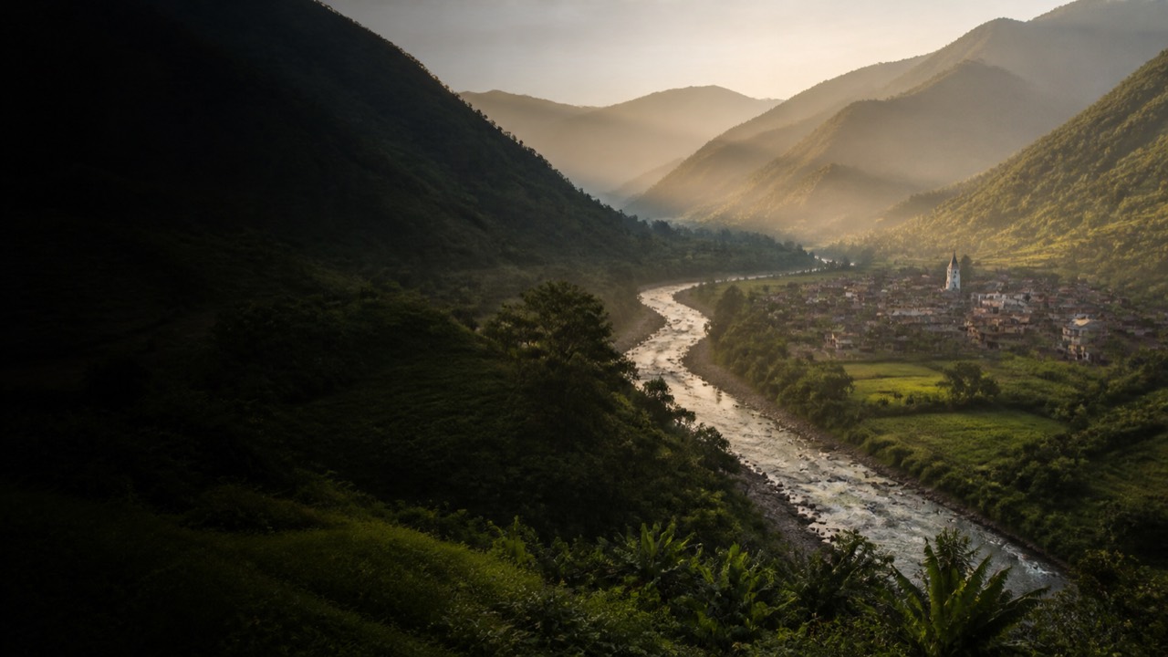 Territorio montañoso atravesado por un río